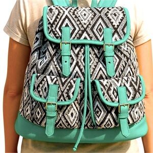 Backpack Mint Green Ikat Print Drawstring Top Unisex New